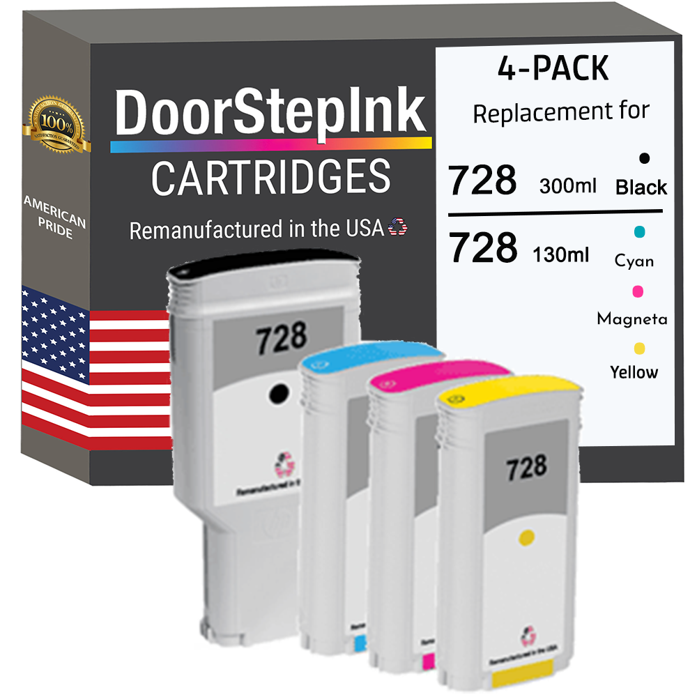DoorStepInk Brand for HP 728 Matte Black 300mL  / HP 728 130mL Colors 4-Pack Remanufactured in the USA Ink Cartridges